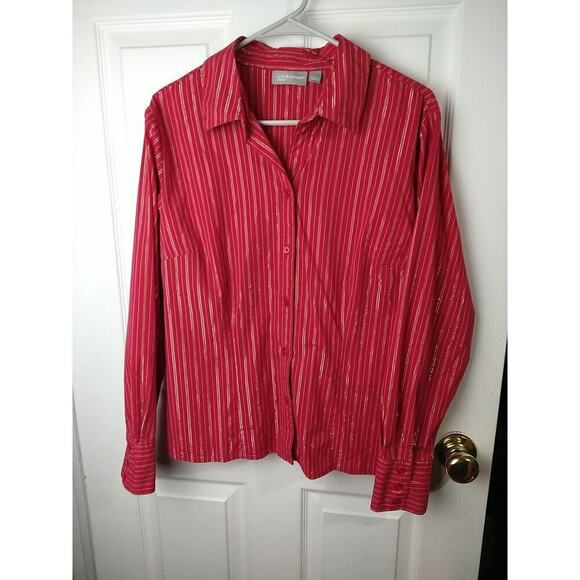 Croft &Barrow Red Silver Metallic Striped Long Sleeve Fitted Blouse. Size L - Picture 1 of 9